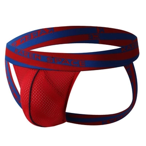 Men's red mesh jockstrap with breathable fabric and blue contrast sports waistband
