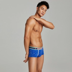 Detail of blue snowflake printed men's boxer briefs with elasticated logo waistband