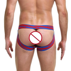 Men's sexy jockstrap with red and blue elastic straps featuring Karen Space logo
