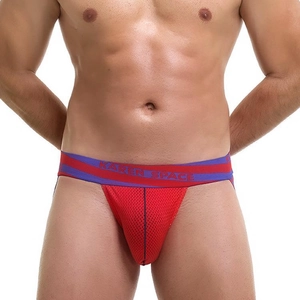 Men's breathable red mesh jockstrap with purple elastic waistband and supportive pouch