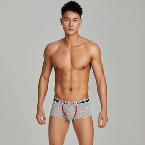 Detailed view of grey snowflake pattern boxers with colorful striped Seobean waistband