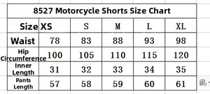 Detailed size chart for men's light blue biker denim shorts with waist and hip measurements