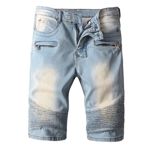Men's Light Blue Biker Denim Shorts Heavy Wash Moto Ribbed Stitching Cotton Blend Multi Pocket Streetwear Casual Moto Shorts