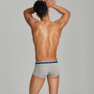 Rear view of men's grey boxer briefs with star pattern and striped waistband detail