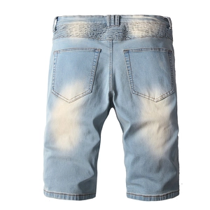 Men's light blue biker denim shorts with pleated details and washed straight fit back view
