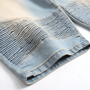 Men's light blue biker style denim shorts with ribbed pleats and straight leg cut
