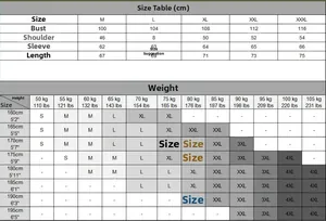Size guide for men's long sleeve shirts with precise body measurements in cm and kg