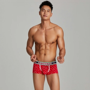 Detail of red men's boxer briefs with snowflake print and elastic logo waistband