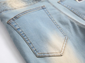 Men's light blue distressed straight denim shorts with classic back pocket detail