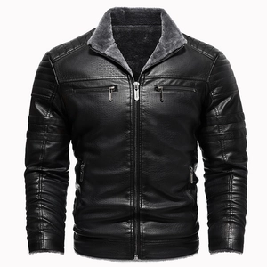 Schwarze Herren PU-Lederjacke mit Stehkragen und grauem Kunstpelzfutter