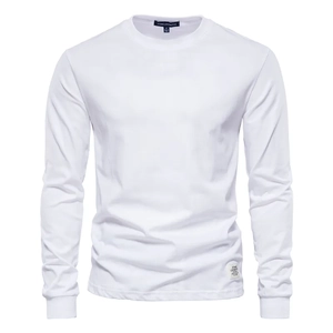Close-up of the round neckline and stitched brand labels on white long sleeve shirt