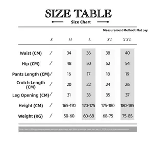 Detailed size chart for men's color-block running shorts showing S to XXL measurements