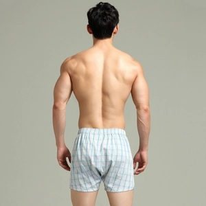 Vista posteriore dei boxer da uomo a quadretti azzurri con vita elastica su un modello
