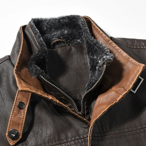 Men's vintage brown PU leather vest with a detachable fur collar and warm lining