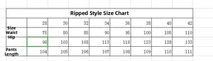 Detailed size chart for light blue ripped jeans showing waist and hip measurements