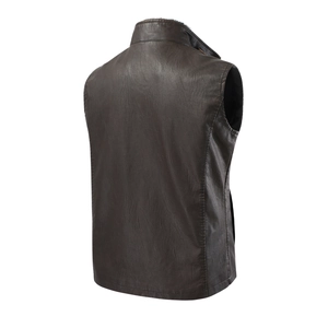 Men's dark brown PU leather vest with stand collar and detailed back texture