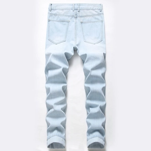 Men's light blue distressed jeans featuring back pocket detail and straight leg cut