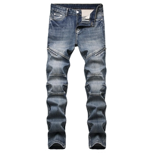 Men's Biker Jeans Cotton Blend Distressed Straight Leg Trousers With Decorative Zipper Nostalgic Blue Denim Casual Pants For Men