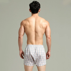 Vista posteriore dei boxer da uomo con motivo a quadri blu e arancioni e vita elasticizzata