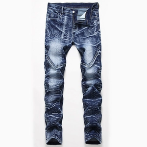Men's straight-leg washed denim jeans in dark blue with whiskers and faded finish