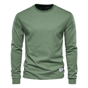 Detail of sage green long sleeve shirt showing crew neck and hem woven brand label