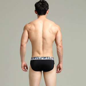 Rear view of black striped low waist men's briefs featuring wide elastic branded waistband