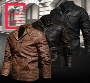 Close-up of motor biker PU leather jacket with stand collar and zipper pockets in three colors