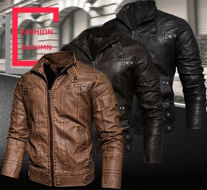 Detailed view of vintage PU leather motorcycle jackets in tan, coffee, and black tones