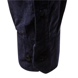 Men's navy blue corduroy shirt featuring detailed double-button cuffs and premium texture