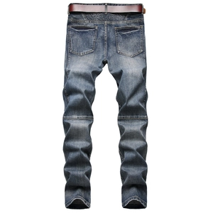 Men's retro dark blue slim fit jeans with back stitching detail and brown leather belt