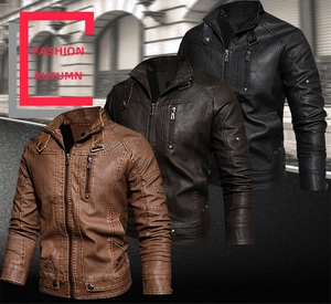 Detail view of men's faux leather biker jackets in light brown, dark coffee, and black