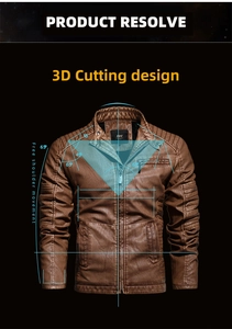 Men's brown faux leather jacket detail showing 3D tailoring and quilted shoulder panels