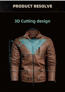 Detail of 3D cutting design on brown leather biker jacket showing precision seams
