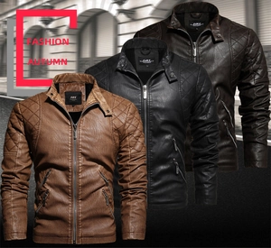 Detail of men's PU leather biker jackets with diamond quilted shoulders and zipper pockets