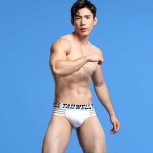 Close-up of men's white briefs featuring a wide silver waistband and hollow side straps