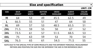 Detailed size chart for men's PU leather jacket including dimensions from size M to 5XL