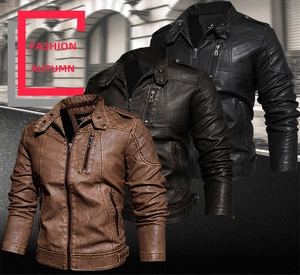 Detail of men's PU leather jackets showing ribbed stitching and various color options