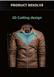 Detail of 3D cutting design on a men's vintage brown PU leather biker jacket