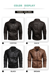 Detailed front and back views of vintage PU leather jackets in coffee, black, and brown