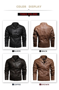 Detail view of men's faux leather biker jacket showing collar and zipper in three colors