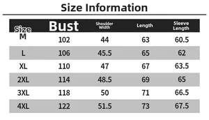 Detailed size chart for men's PU leather biker jacket with chest and shoulder metrics