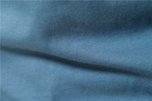 Detailed close-up showing the soft texture and knit pattern of dark blue t-shirt fabric