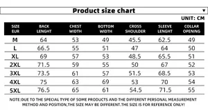 Detailed size chart for men PU leather jacket covering sizes M to 5XL with measurements