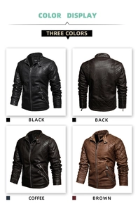 Four-grid display of men's stand collar biker jackets in black, coffee, and brown colors
