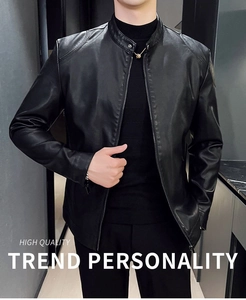 Detail of premium black PU leather motorcycle jacket featuring standing collar and metal zipper