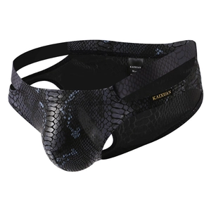 Mens faux snakeskin jockstrap in dark grey with low-rise waist and sexy cutout design
