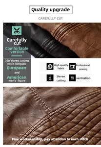 Close-up of premium PU leather stitching and 3D tailoring detail on motorcycle jacket