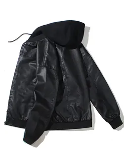 Detailed macro view of black faux leather jacket texture and knitted hood fabric