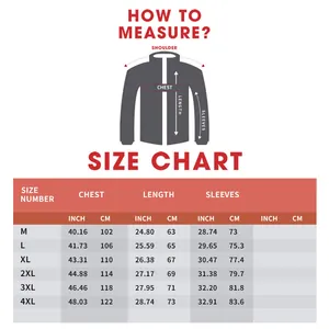 Guide des tailles détaillé pour veste en cuir homme avec mesures d'épaules et de poitrine