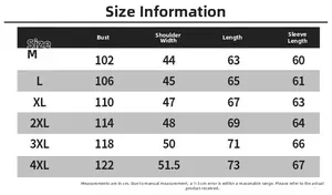 Detailed size chart for men's PU leather jacket including chest and sleeve measurements
